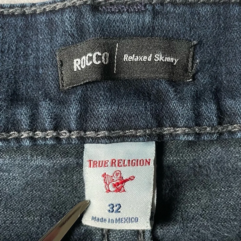 True Religion Relaxed Skinny Rocco Jeans Men’s 32 Blue Dark Wash Grunge Distress